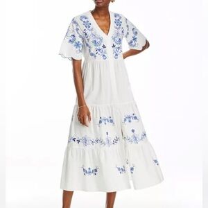 Johnny Was White Midi Dress with Blue Floral Embroidery